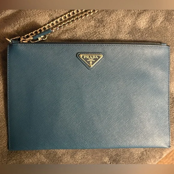 NWOT Prada Saffiano Leather Zip Pouch Clutch / Document Holder 11x7” Cobalt Blue - Picture 7 of 11